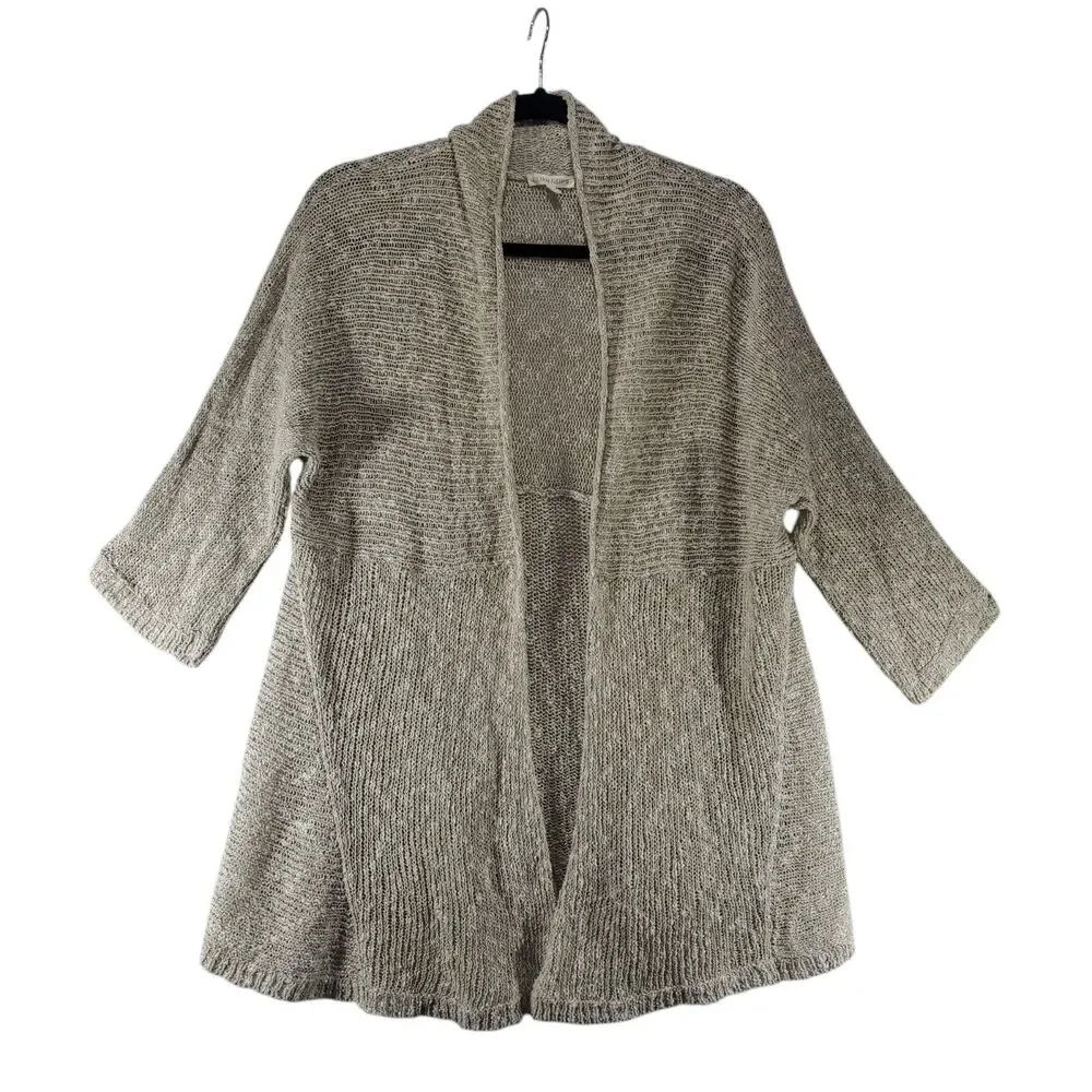 L Eileen Fisher Linen Blend Knit Cardigan Loose Open Front Trapeze Swing Natural